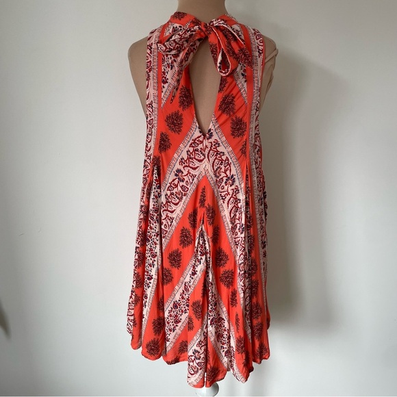 Free People Orange Multi Print Keyhole Tie Neck Sleeveless Mini Tent Dress EUC S - Picture 3 of 9